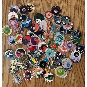 Vintage 90s POGs Lot Collection + Container • Eight Ball Ying Yang Saw Blade